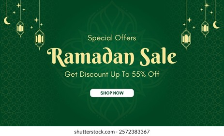 Ramadan Kareem Sale Banner, Islamic Ornament Lantern, moon, star and mosque Green Background