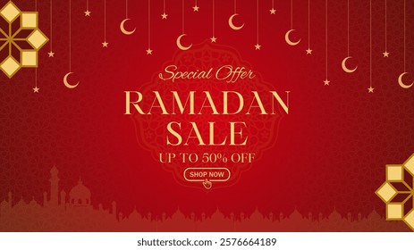 Ramadan Kareem Sale Banner, Islamic Ornament Lantern, moon, star and mosque Red Background