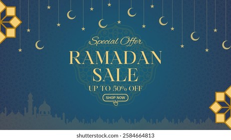 Ramadan Kareem Sale Banner, Islamic Ornament Lantern, moon, star and mosque blue Background