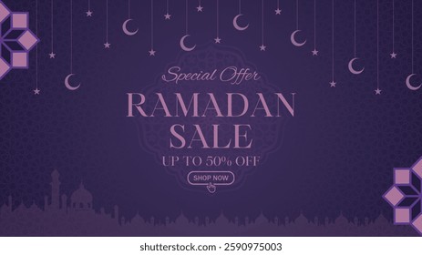 Ramadan Kareem Sale Banner, Islamic Ornament Lantern, moon, star and mosque Red Background
