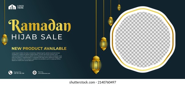Ramadan Kareem Sale Banner, Social Media Post With Islamic Arabic Pattern and Lanterns