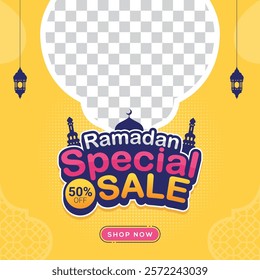 Ramadan Kareem Sale Banner. Ramadan sale social media post template banner with empty space for photo