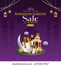 Ramadan Kareem  sale banner, sticker, badge, ads banner. Special offer Ramadan Big Sale. Islamic promotion vector illustration with realistic moon , mosque ,stars and islamic background