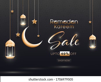 Ramadan Kareem Sale concept with hanging illuminated lanterns, stars and crescent moon on black background.