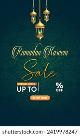 ramadan kareem sale discount 2024 banner with islamic ornament and gradient blue and green background design