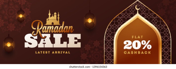 Ramadan Kareem sale header or banner design with 20% discount offer and illustration of mosque gate on brown islamic pattern background decorated with arabic lighting lanterns.