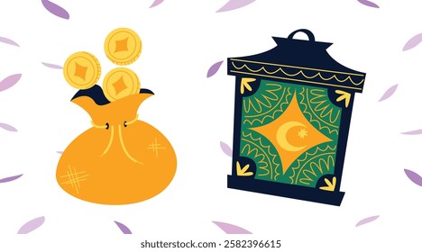 Ramadan Kareem Sale Header or Banner Template with Gold Moon, Paper Clouds and Stars on Light Background. Vector illustration. Place for Text. Ramadhan greeting card, poster, crescent pattern border