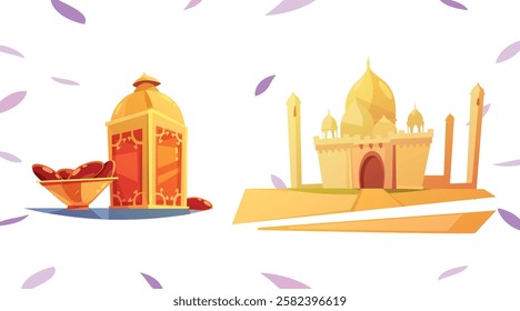 Ramadan Kareem Sale Header or Banner Template with Gold Moon, Paper Clouds and Stars on Light Background. Vector illustration. Place for Text. Ramadhan greeting card, poster, crescent pattern border