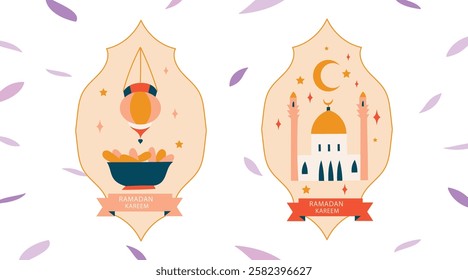 Ramadan Kareem Sale Header or Banner Template with Gold Moon, Paper Clouds and Stars on Light Background. Vector illustration. Place for Text. Ramadhan greeting card, poster, crescent pattern border