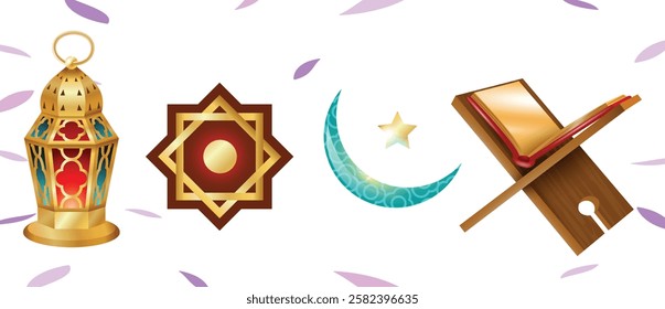 Ramadan Kareem Sale Header or Banner Template with Gold Moon, Paper Clouds and Stars on Light Background. Vector illustration. Place for Text. Ramadhan greeting card, poster, crescent pattern border