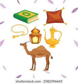 Ramadan Kareem Sale Header or Banner Template with Gold Moon, Paper Clouds and Stars on Light Background. Vector illustration. Place for Text. Ramadhan greeting card, poster, crescent pattern border