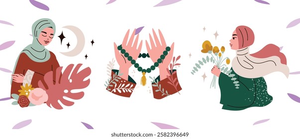 Ramadan Kareem Sale Header or Banner Template with Gold Moon, Paper Clouds and Stars on Light Background. Vector illustration. Place for Text. Ramadhan greeting card, poster, crescent pattern border