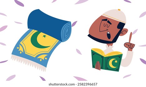 Ramadan Kareem Sale Header or Banner Template with Gold Moon, Paper Clouds and Stars on Light Background. Vector illustration. Place for Text. Ramadhan greeting card, poster, crescent pattern border