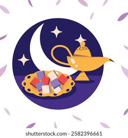 Ramadan Kareem Sale Header or Banner Template with Gold Moon, Paper Clouds and Stars on Light Background. Vector illustration. Place for Text. Ramadhan greeting card, poster, crescent pattern border