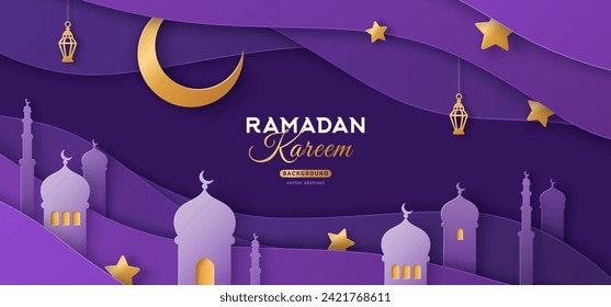 Ramadan Kareem Encabezado de venta o Plantilla de cupón con Luna de Oro, 3d Nubes cortadas de papel y Mezquita. Fondo Violeta Del Cielo Nocturno. Ilustración vectorial. Lugar para texto. Arquitectura islámica, edificio árabe