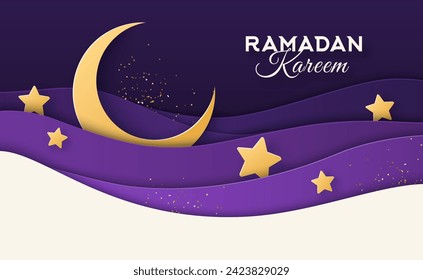 Ramadan Kareem Sale Header or Voucher Template with Gold Moon, 3d Paper cut Waves and Stars on Night Sky Violet Background. Vector illustration. Place for Text. Morocco Ornament Border Frame