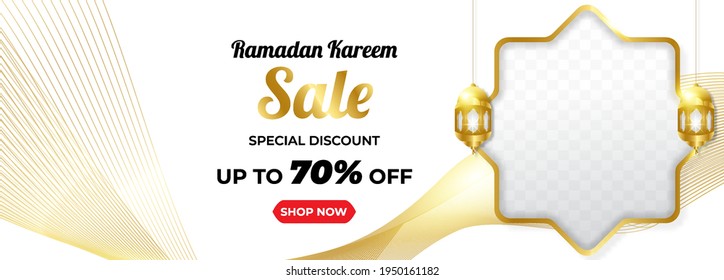 Ramadan Kareem Sale Horizontal Banner with Gold Line Colour. Islamic Lanterns, Moon, Star. Vector Illustration