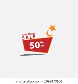 Ramadan Kareem sale illustration with ketupat indonesian food. Banner, discount, label, greeting card, of ramadan Kareem and eid mubarak celebration. discount up to 70%. discount 50%