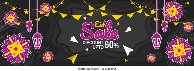 Ramadan Kareem sale with lanterns and flower on black background. Eid web header banner sale with paper cut design. islamic or arabic discount vector illustration for promotion.