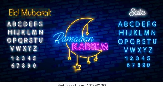 Ramadan Kareem sale neon design. Ramadan Holiday discounts vector illustration design template in modern trend style, neon style, light banner for shop. Editing text neon sign