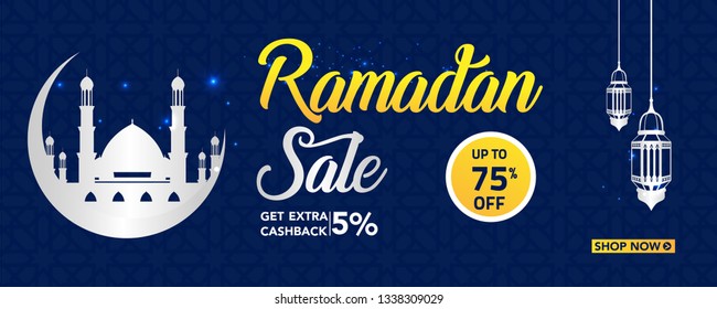 Ramadan Kareem sale offer banner design with ornament lantern moon background for promotion poster, discount, gift, voucher, web header and banner, greeting card of eid Mubarak, vector illustration