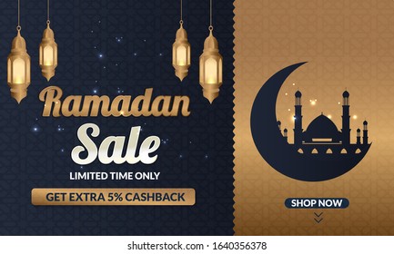 Ramadan Kareem sale offer banner design with ornament lantern moon background for promotion poster, social media template, discount, gift, voucher, web header and banner, greeting card of eid Mubarak