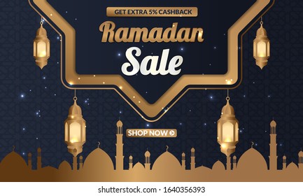 Ramadan Kareem sale offer banner design with ornament lantern moon background for promotion poster, social media template, discount, gift, voucher, web header and banner, greeting card of eid Mubarak