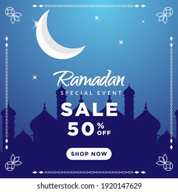 Ramadan Kareem sale offer banner design with moon and mosque background for promotion poster, discount, gift, voucher, web header and banner, greeting card of eid Mubarak. social media post template.