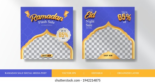 Ramadan Kareem Sale social media post template. square flyer and banner. Blue background. editable vector illustration and organized layer.