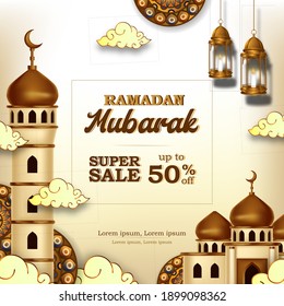 Ramadan kareem sale square banner with 3d luxury golden mosque illustration and lantern fanoos with light color background