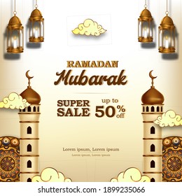 Ramadan kareem sale square banner with 3d luxury golden mosque illustration and lantern fanoos with light color background