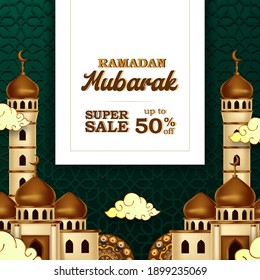 Ramadan kareem sale square banner with 3d luxury golden mosque illustration with green geometrical pattern background