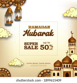 Ramadan kareem sale square banner with 3d luxury golden mosque illustration and lantern fanoos with light color background