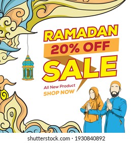 Ramadan Kareem Sale template for Social media with Hand drawn Islamic Illustration ornament.