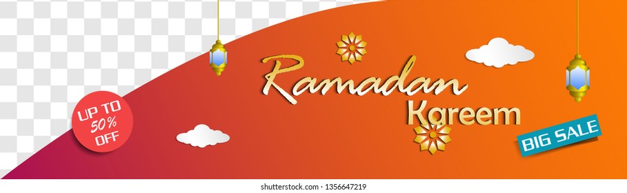 Ramadan kareem Sale, web header or banner  design with transparent space, islamic pattern, lantern and text  50% off offers on red background. in flat design style vector illustration. easy to edit