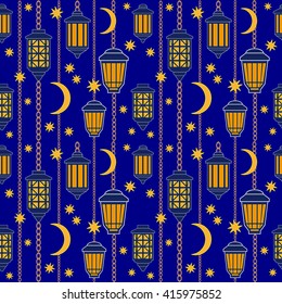 Ramadan Kareem seamless background. Arabic lanterns, stars and crescent moon. 