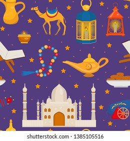 Ramadan kareem seamless pattern with arabic design elements camel, quran, lanterns, rosary, food, mosque. Vector illustration