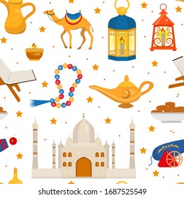 Ramadan kareem seamless pattern with arabic design elements camel, quran, lanterns, rosary, food, mosque. Vector illustration