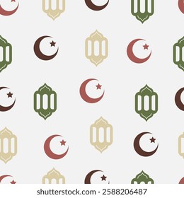 Ramadan kareem seamless pattern with crescent moon, star and lantern. Minimalist style. Vector ramadan illustration