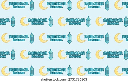 Ramadã Kareem Padrão Sem Costura com Lua Crescente, Lanterna e Caligrafia
