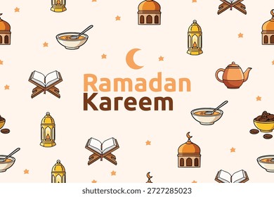 Patrón sin fisuras de Ramadán Kareem con Elementos islámicos como cúpulas de mezquitas, linternas, Corán, luna creciente, dátiles, tetera y comida tradicional. Linda ilustración plana dibujada a mano con cálidos colores pastel. Perfecto para saludos de Ramadán, fondos islámicos, Fondos de pantalla, empaques, redes sociales y diseños festivos.