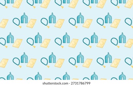 Ramadan Kareem Seamless Pattern with Mosque, Prayer Beads and Prayer Mat