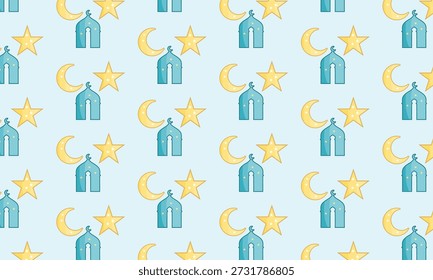 Ramadan Kareem Seamless Pattern with Mosque, Star and Crescent Moon