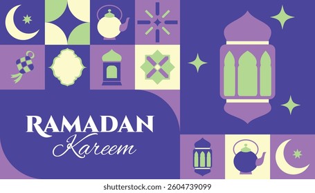 Ramadan Kareem seamless pattern in scandinavian style postcard flat geometric islamic ornament