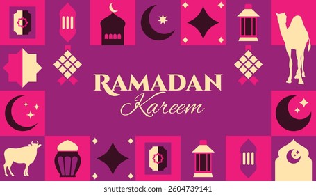 Ramadan Kareem seamless pattern in scandinavian style postcard flat geometric islamic ornament