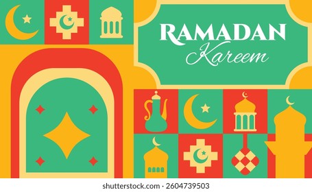 Ramadan Kareem seamless pattern in scandinavian style postcard flat geometric islamic ornament