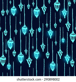 Ramadan Kareem seamless vector background. Illustration with lamps.