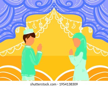 Ramadan Kareem season background with hanging lamps Vector People Celebrating Eid-Al-Fitri, Idul Fitri. illustration Muslim man and woman couple husband and wife hijab Eid Mubarak greeting background
