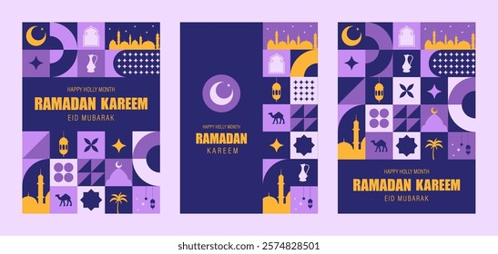 Ramadan Kareem. Set of Abstract backgrounds for Islamic holiday. Modern neo geometric pattern in purple colors. Vector illustration in bauhaus style. Template for postcards, invitations or web design.