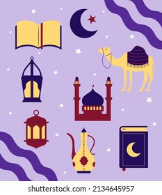 ramadan kareem set of arabic icons vector illustration in flat style 